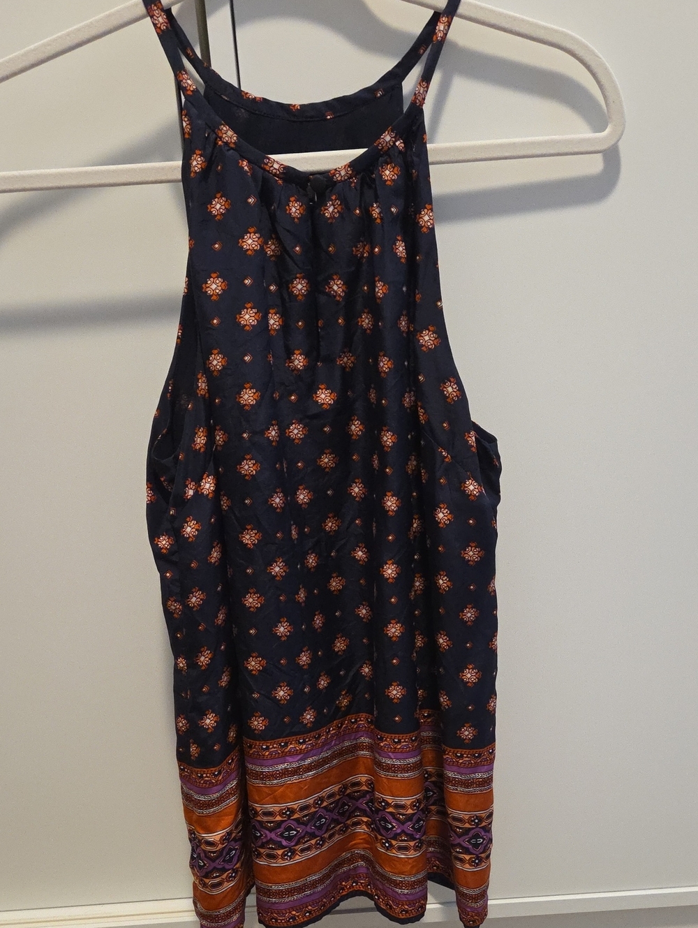 J. Crew Navy Silk Halter Tank with Orange & Purple Border